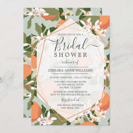 柑橘類とミントグリーンブライダルシャワー招待 招待状 (正面/裏面)