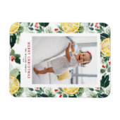 柑橘類と冬の緑のパターンのクリスマスフォト マグネット (横)