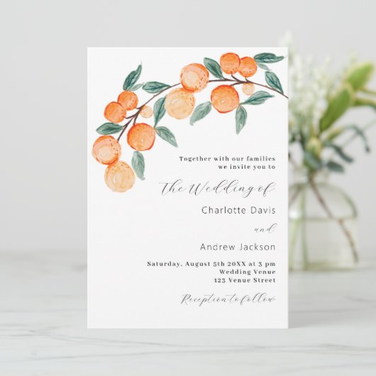 柑橘類のオレンジモダン色の結婚スクリプト 招待状 (スタンド正面)