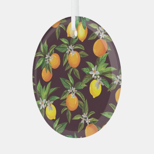 柑橘類のパターン、ヴィンテージレモンのオレンジ。 ガラスオーナメント (正面左)