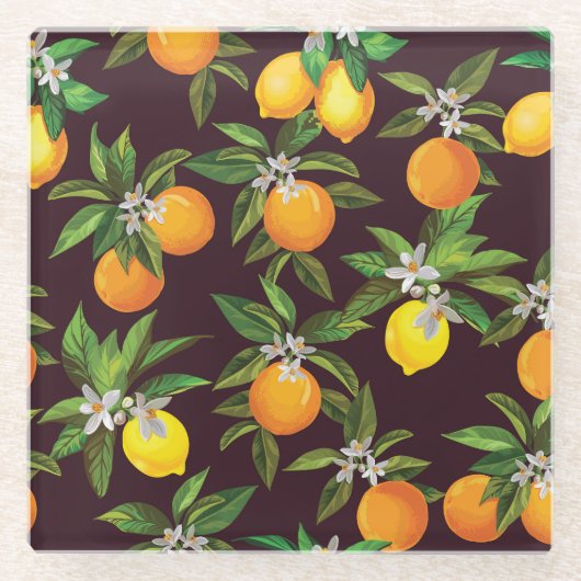 柑橘類のパターン、ヴィンテージレモンのオレンジ。 ガラスコースター (正面)