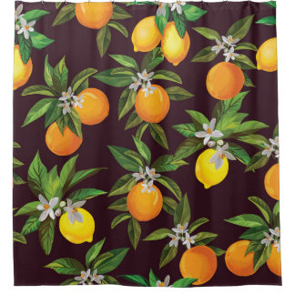 柑橘類のパターン、ヴィンテージレモンのオレンジ。 シャワーカーテン