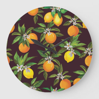 柑橘類のパターン、ヴィンテージレモンのオレンジ。 ラージ壁時計