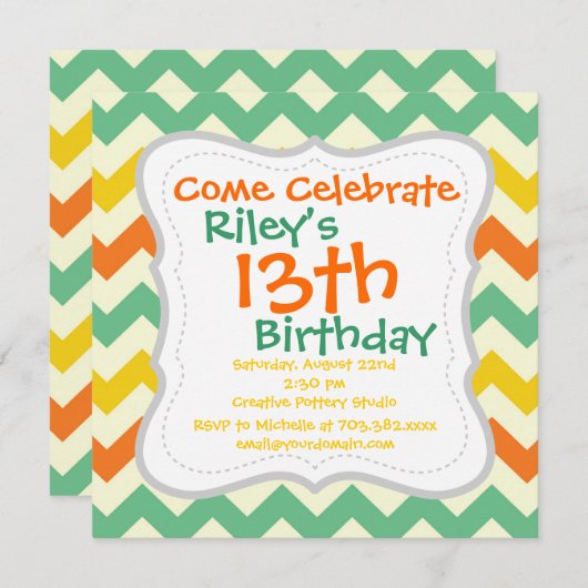 柑橘類のライムグリーンのオレンジ黄色のシェブロンのジグザグ形 招待状 (正面/裏面)