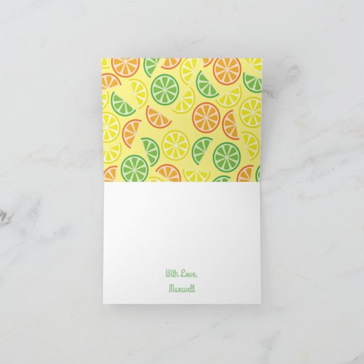 柑橘類の切れのフルーツは第1誕生日カード感謝していしています カード (内部)