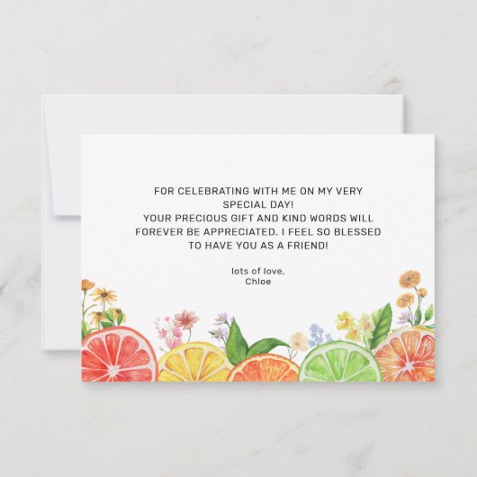 柑橘類の小さなかわいこちゃんベビーシャワー サンキューカード (裏面)