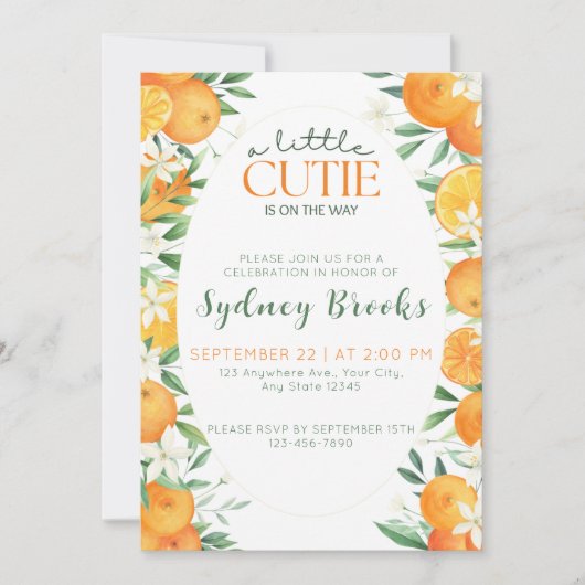 柑橘類の水の色のかわいこちゃんオンザウェイベビーシャワー 招待状 (正面)