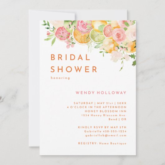 柑橘類の水の色ブライダルシャワー招待 招待状 (正面)