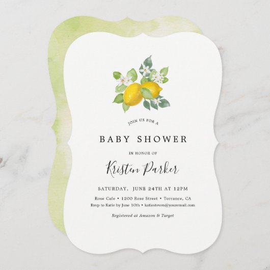 柑橘類の水の色レモンをテーマにした赤ちゃんシャワー 招待状 (正面/裏面)