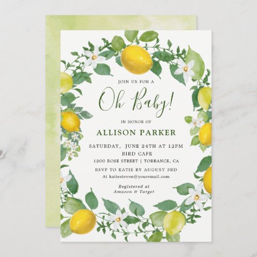 柑橘類の水の色レモンをテーマにした赤ちゃんシャワー 招待状 (正面/裏面)