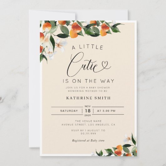 柑橘類オレンジの小さなかわいこちゃんベビーシャワー 招待状 (正面)