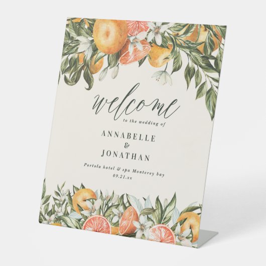 柑橘類オレンジの植物性のモダン素朴な歓迎 台座サイン (正面)