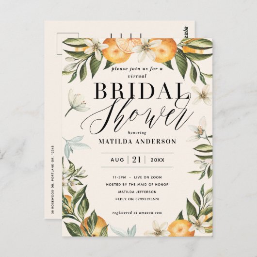 柑橘類オレンジの花のバーチャルブライダルシャワーパーティー ポストカード (正面/裏面)