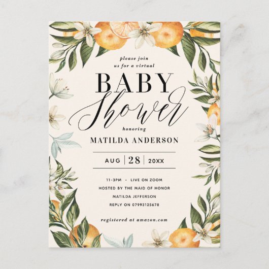 柑橘類オレンジの花の仮想ベビーシャワーパーティー ポストカード (正面)