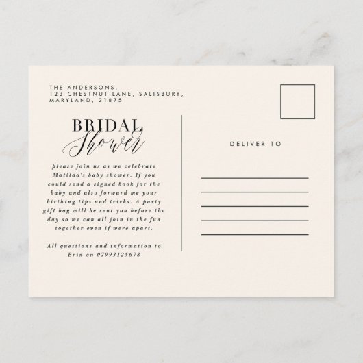 柑橘類オレンジの花バーチャルベビーシャワーパーティーポー インビテーションポストカード (裏面)