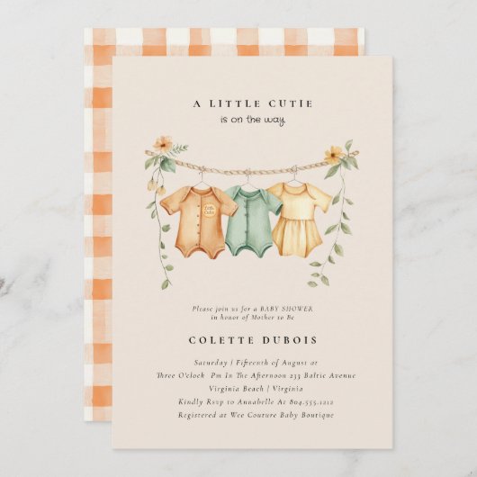 柑橘類オレンジフローラリトルかわいこちゃんベビーシャワー 招待状 (正面/裏面)
