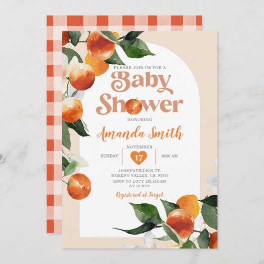 柑橘類オレンジベビーシャワーサマートロピカルフローラ 招待状 (正面/裏面)
