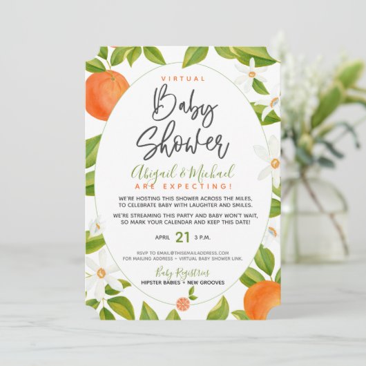 柑橘類オレンジ性別に依存しないバーチャル赤ちゃんシャワー 招待状 (スタンド正面)