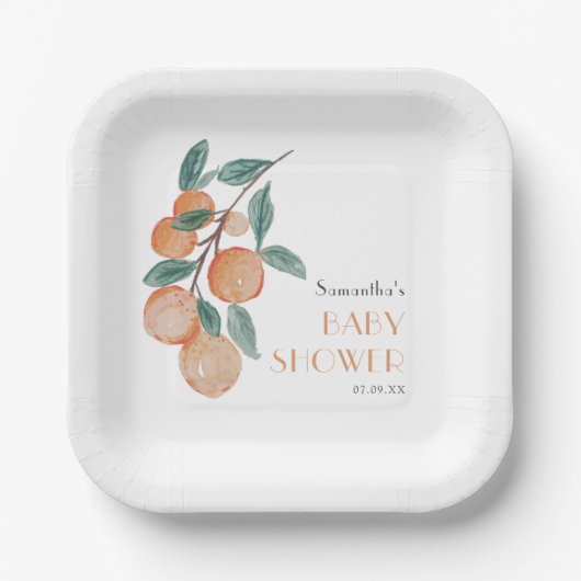 柑橘類オレンジ緑の赤男女兼用ちゃんシャワー ペーパープレート (正面)