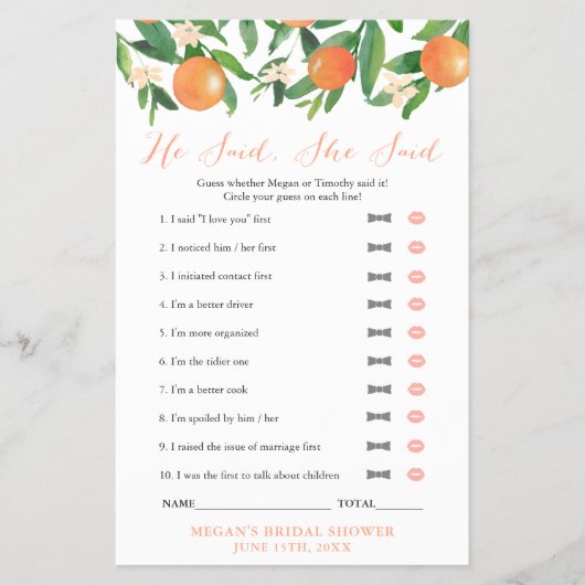 柑橘類オレンジ色のカップルのシャワー彼は彼女はゲームを言った チラシ (正面)