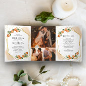 柑橘類オレンジ金ゴールドフレームフォトコラージュ結婚ズ 三つ折り招待状