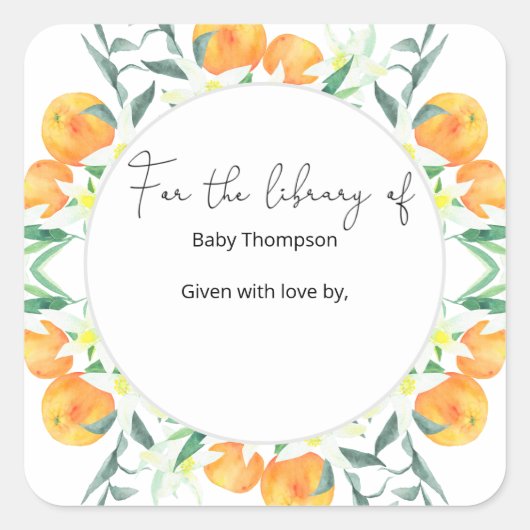 柑橘類オレンジ – ベビーシャワー蔵書票 スクエアシール (正面)