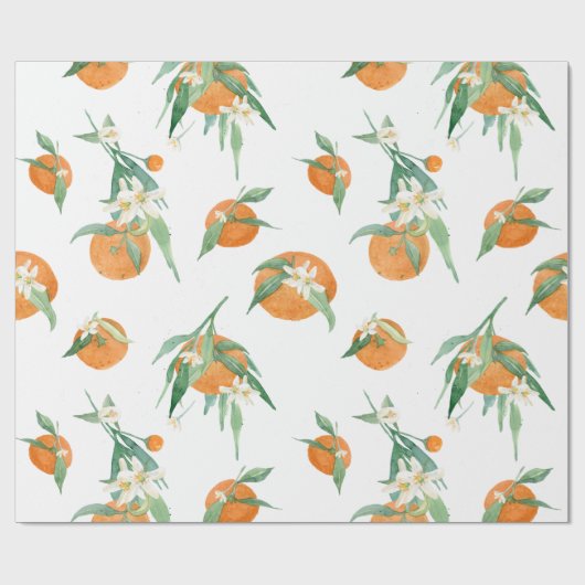柑橘類オレンジnホワイトウォーター色のフローラ葉 ラッピングペーパー (フラット)