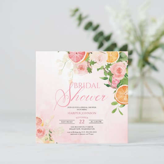 柑橘類テーマフルーツピンクフローラブライダルシャワー 招待状 (スタンド正面)