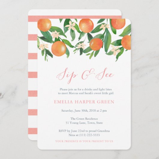柑橘類フルーツオレンジsipと参照パーティー、ベビーガール 招待状 (正面/裏面)