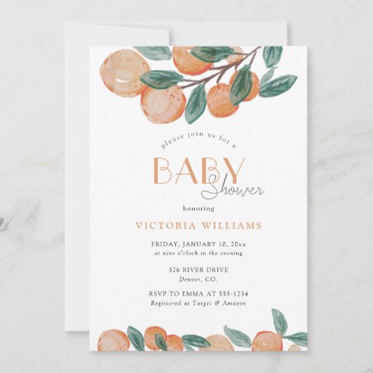 柑橘類ミカン柑橘類ベビーシャワー 招待状 (正面)