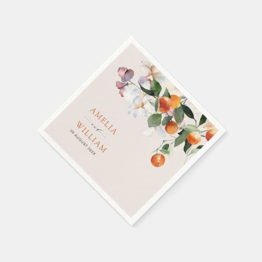 柑橘類モダンのオレンジと緑結婚色の スタンダードカクテルナプキン (角)