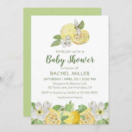 柑橘類モダンフローラレモン水彩ベビーシャワー 招待状 (正面/裏面)