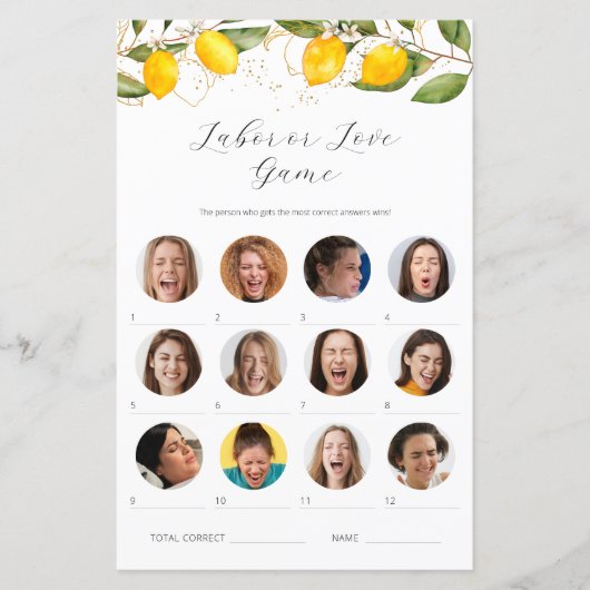 柑橘類レモンの労働または愛ベビーシャワーゲームカード (正面)