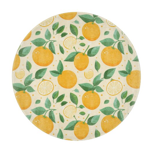 柑橘類レモンイエローのトロピカルフルーツ柄 カッティングボード (正面)