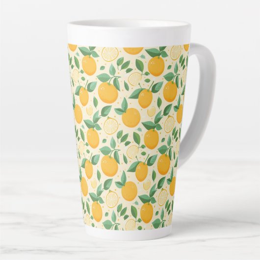 柑橘類レモンイエローのトロピカルフルーツ柄 カフェラテマグ (右アングル)