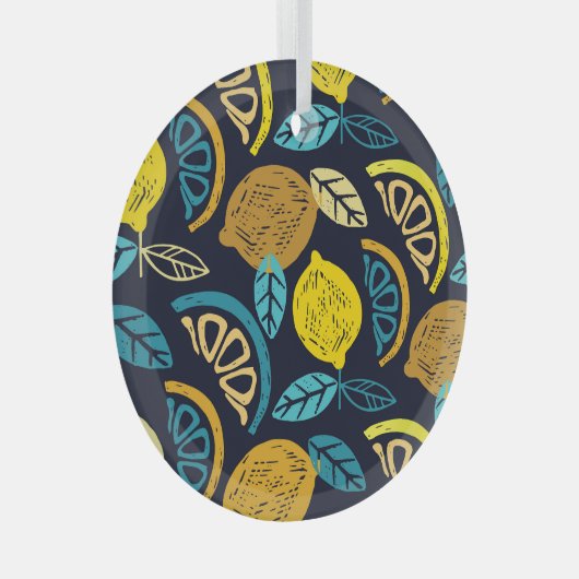 柑橘類レモンドードルパターン背景 ガラスオーナメント (正面右)