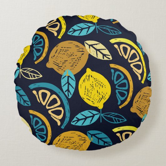柑橘類レモンドードルパターン背景 ラウンドクッション (正面)
