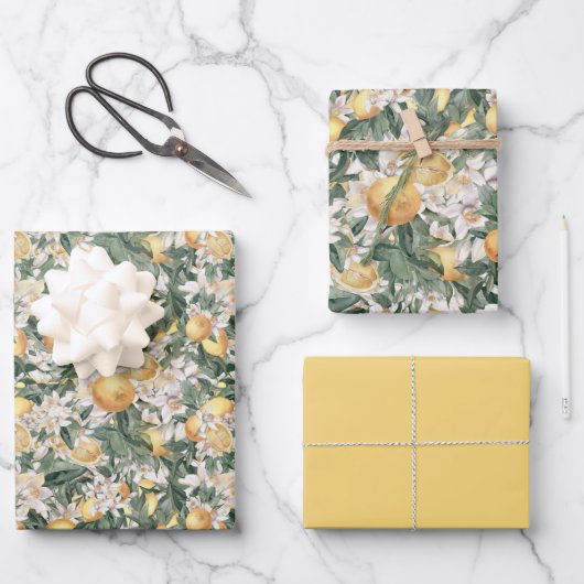柑橘類レモンフローラ水彩ベビーシャワー ラッピングペーパーシート (正面)