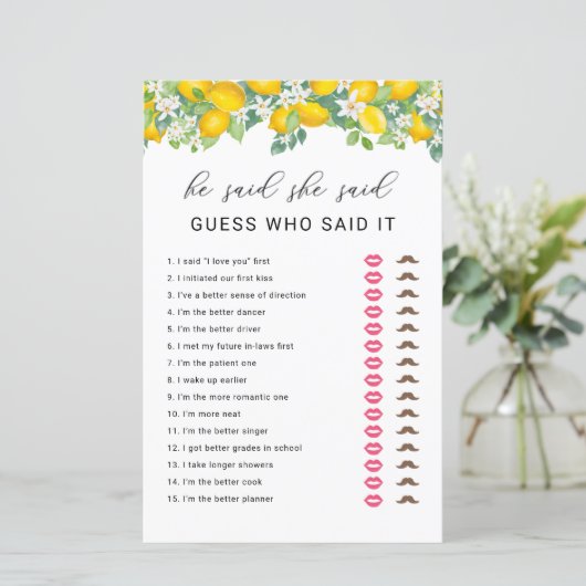 柑橘類レモン彼は彼女はブライダルシャワーゲームを言った (スタンド正面)