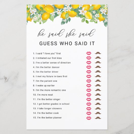 柑橘類レモン彼は彼女はブライダルシャワーゲームを言った (正面)