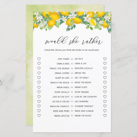 柑橘類レモン彼女はむしろブライダルシャワーゲーム (正面/裏面)