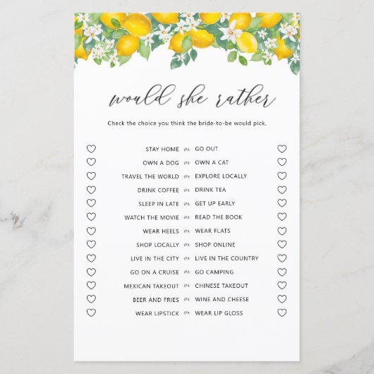 柑橘類レモン彼女はむしろブライダルシャワーゲーム (正面)