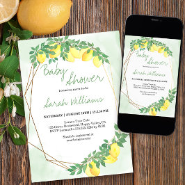 柑橘類レモン金ゴールドフレームミントウォッシュベビーシャワー 招待状