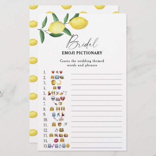 柑橘類レモン – ブライダルシャワー絵文字ゲーム (正面/裏面)