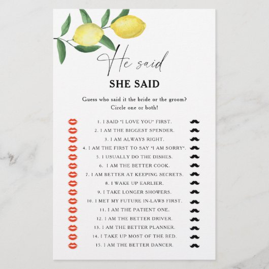 柑橘類レモン – 彼は彼女はブライダルシャワーゲームと言った (正面)