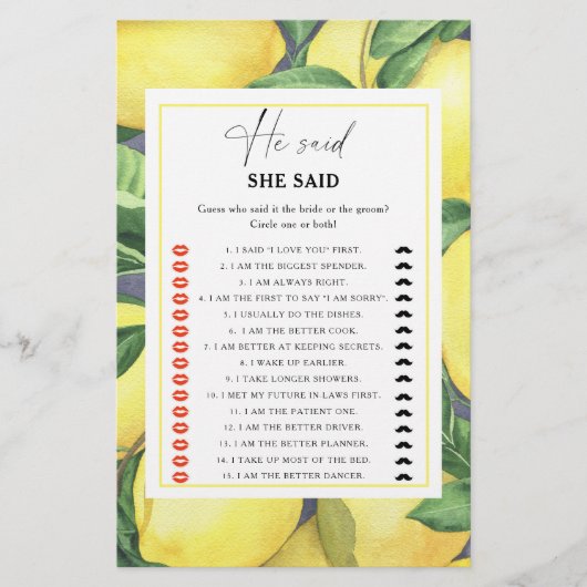 柑橘類レモン – 彼は彼女はブライダルシャワーゲームと言った (正面)