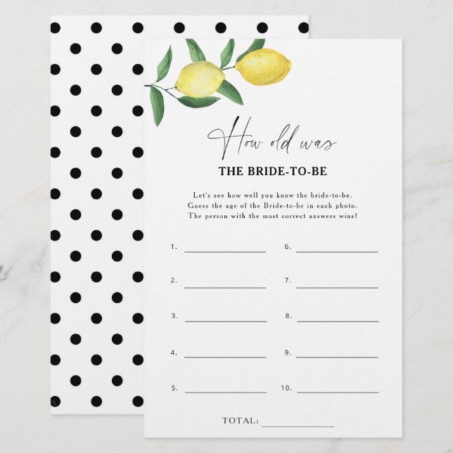 柑橘類レモン – 新婦は何歳になるゲーム (正面/裏面)