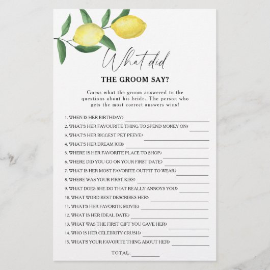 柑橘類レモン – 新郎は何と言ったブライダルゲーム (正面)