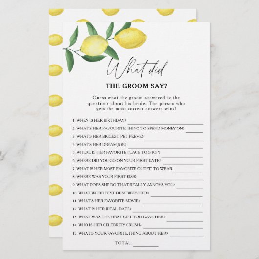 柑橘類レモン – 新郎は何と言ったブライダルゲーム (正面/裏面)
