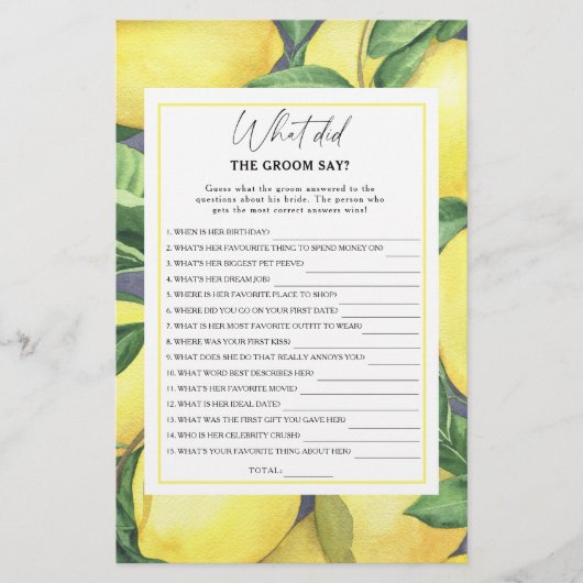 柑橘類レモン – 新郎は何と言ったブライダルゲーム (正面)